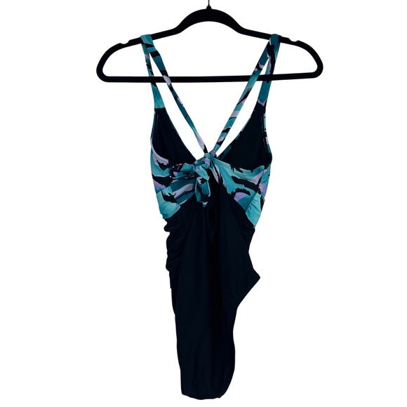 NWT Cupshe Womens Crossback Ruched One Piece Black/Teal Bathing Swimsuit Small - Picture 2 of 11